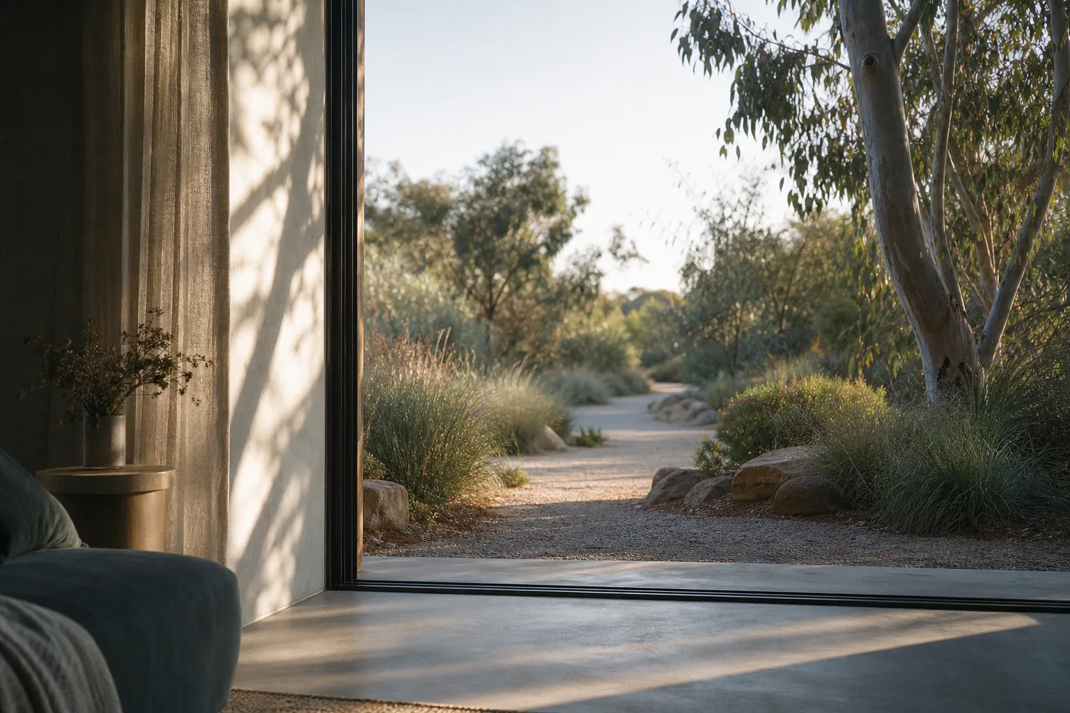 An open threshold looking onto a softly lit path through an Australian native garden